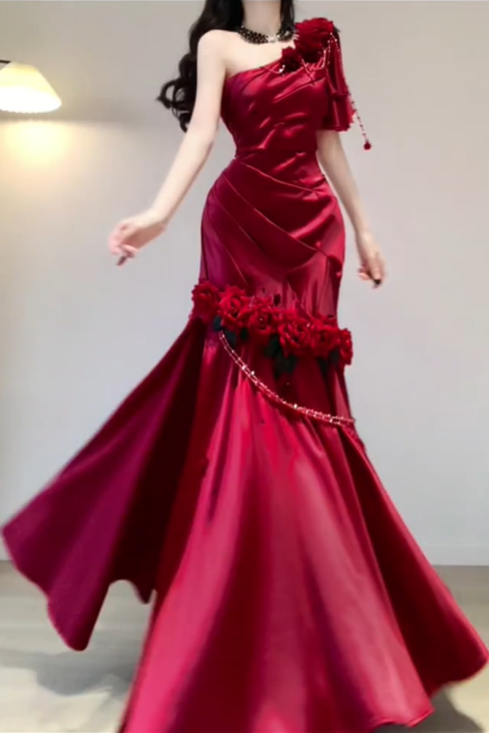 Red One Shoulder Retro Fashion Flower Long Dress gh6657
