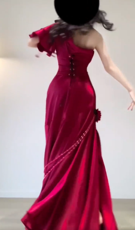 Red One Shoulder Retro Fashion Flower Long Dress gh6657