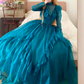 Peacock Blue Tulle High Neck Long Sleeve Tiered Floor-length Ballgown Victorian Retro Party·Evening Dress gh6740