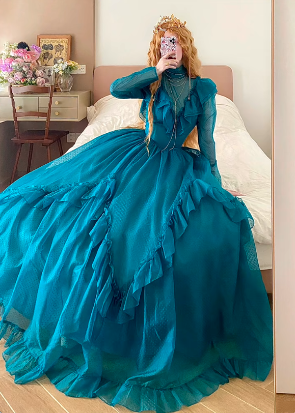 Peacock Blue Tulle High Neck Long Sleeve Tiered Floor-length Ballgown Victorian Retro Party·Evening Dress gh6740