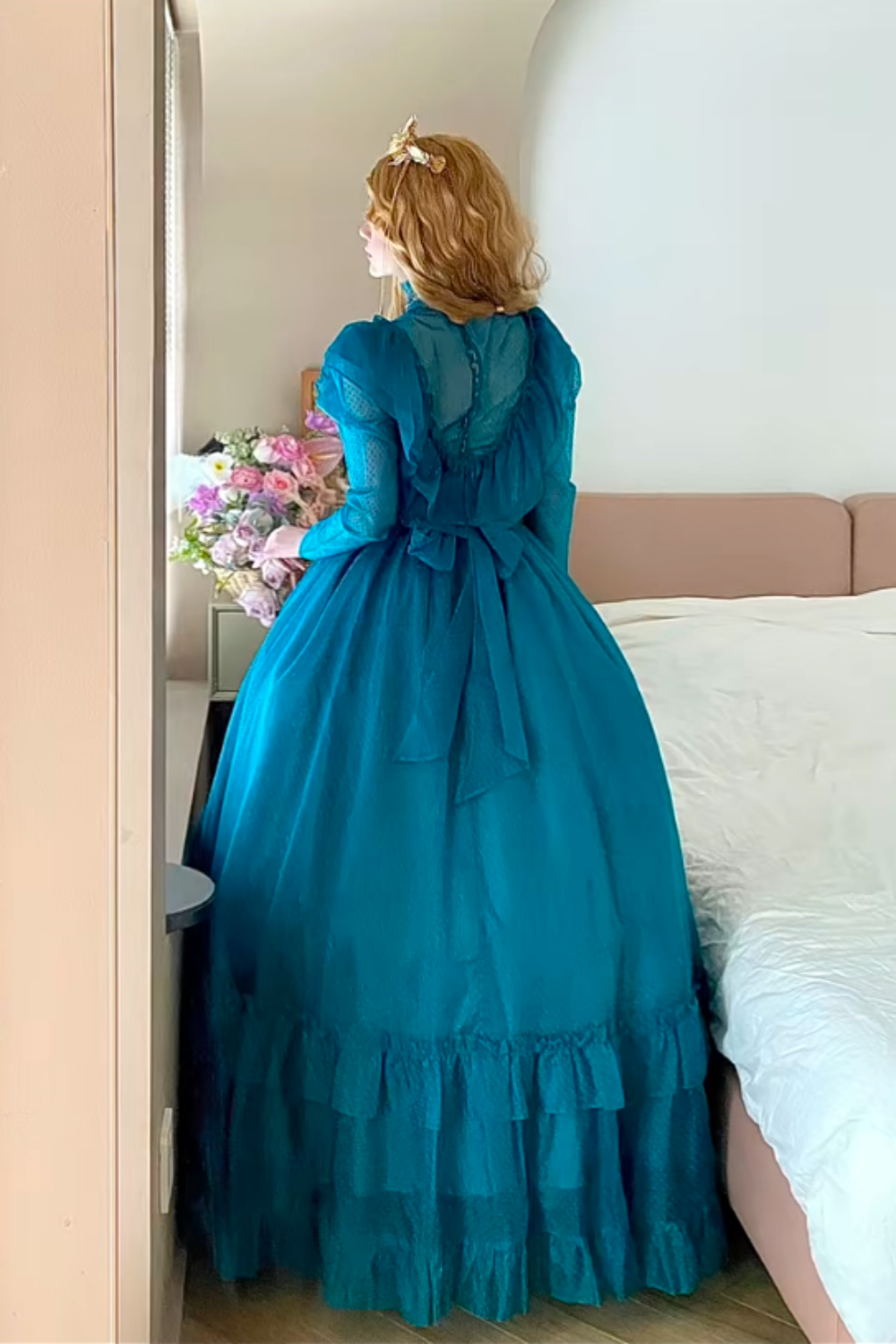 Peacock Blue Tulle High Neck Long Sleeve Tiered Floor-length Ballgown Victorian Retro Party·Evening Dress gh6740