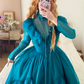 Peacock Blue Tulle High Neck Long Sleeve Tiered Floor-length Ballgown Victorian Retro Party·Evening Dress gh6740