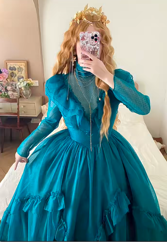 Peacock Blue Tulle High Neck Long Sleeve Tiered Floor-length Ballgown Victorian Retro Party·Evening Dress gh6740
