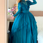 Peacock Blue Tulle High Neck Long Sleeve Tiered Floor-length Ballgown Victorian Retro Party·Evening Dress gh6740