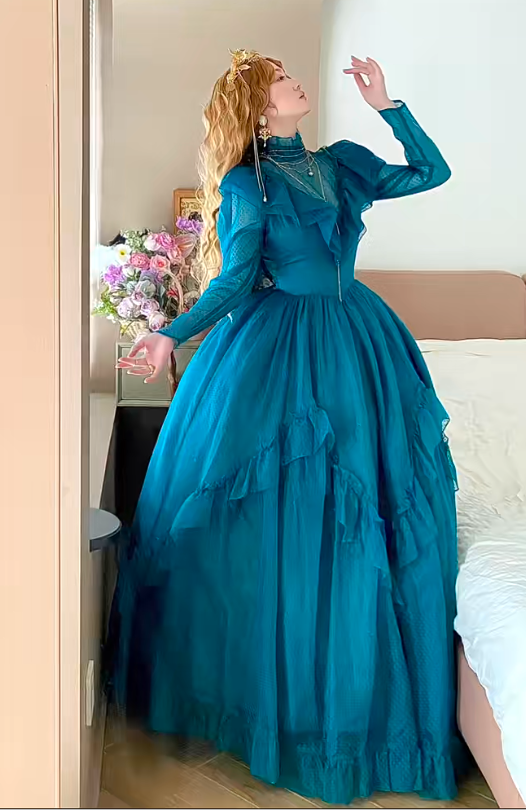 Peacock Blue Tulle High Neck Long Sleeve Tiered Floor-length Ballgown Victorian Retro Party·Evening Dress gh6740