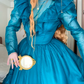 Peacock Blue Tulle High Neck Long Sleeve Tiered Floor-length Ballgown Victorian Retro Party·Evening Dress gh6740