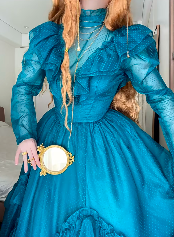 Peacock Blue Tulle High Neck Long Sleeve Tiered Floor-length Ballgown Victorian Retro Party·Evening Dress gh6740
