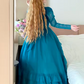 Peacock Blue Tulle High Neck Long Sleeve Tiered Floor-length Ballgown Victorian Retro Party·Evening Dress gh6740