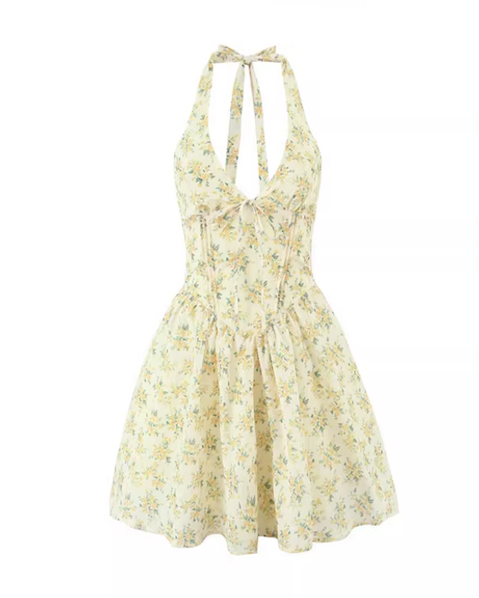 French retro floral print deep V-neck halter neck tie beach vacation dress for women, fitted waist A-line skirt 11348