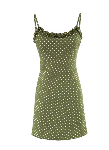 French retro style ruffled trim exposed collarbone halter dress, green base with polka dot print.  11351