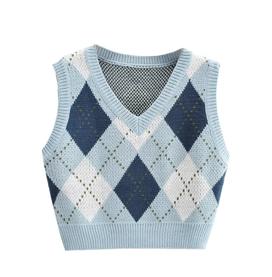 Retro preppy style color-blocked plaid knit vest, versatile for layering, V-neck sleeveless vest for women 11354