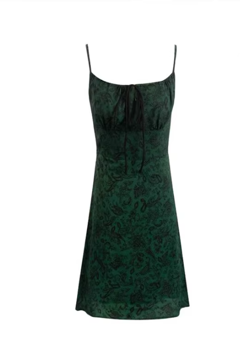 French-style dark green retro floral print sundress for women, with a tie at the chest, slimming and waist-cinching design, perfect for vacation.   11357