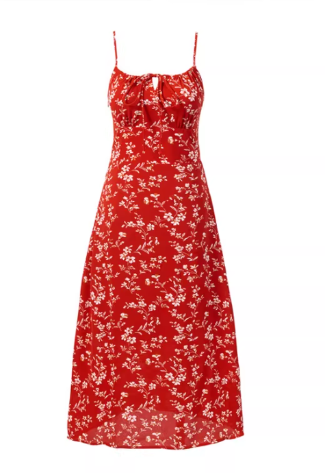French-style red floral print sundress with thin straps, slimming A-line silhouette, long dress 11359