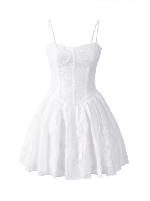 European and American style fishbone body shaping waist slimming suspender dress sexy vacation style dark pattern white dress  11360