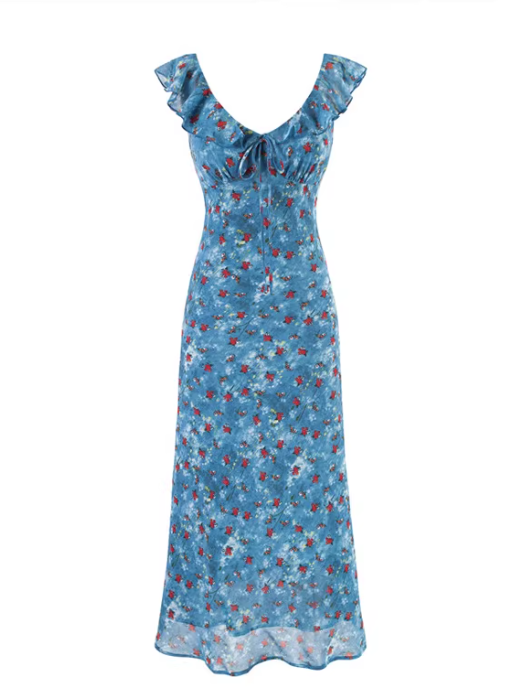 French retro style blue floral V-neck ruffled bow maxi dress for women, perfect for beach vacations. 11364