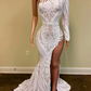 White One-Shoulder Long Sleeves Prom Dress Mermaid Sequins Lace With Split gh792