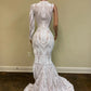 White One-Shoulder Long Sleeves Prom Dress Mermaid Sequins Lace With Split gh792