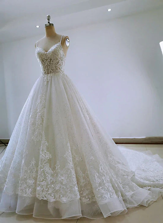 Wunderschönes handgefertigtes Träger-Spitze-Tüll-Hochzeitskleid, langes Brautkleid gh435