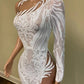 White One-Shoulder Long Sleeves Prom Dress Mermaid Sequins Lace With Split gh792