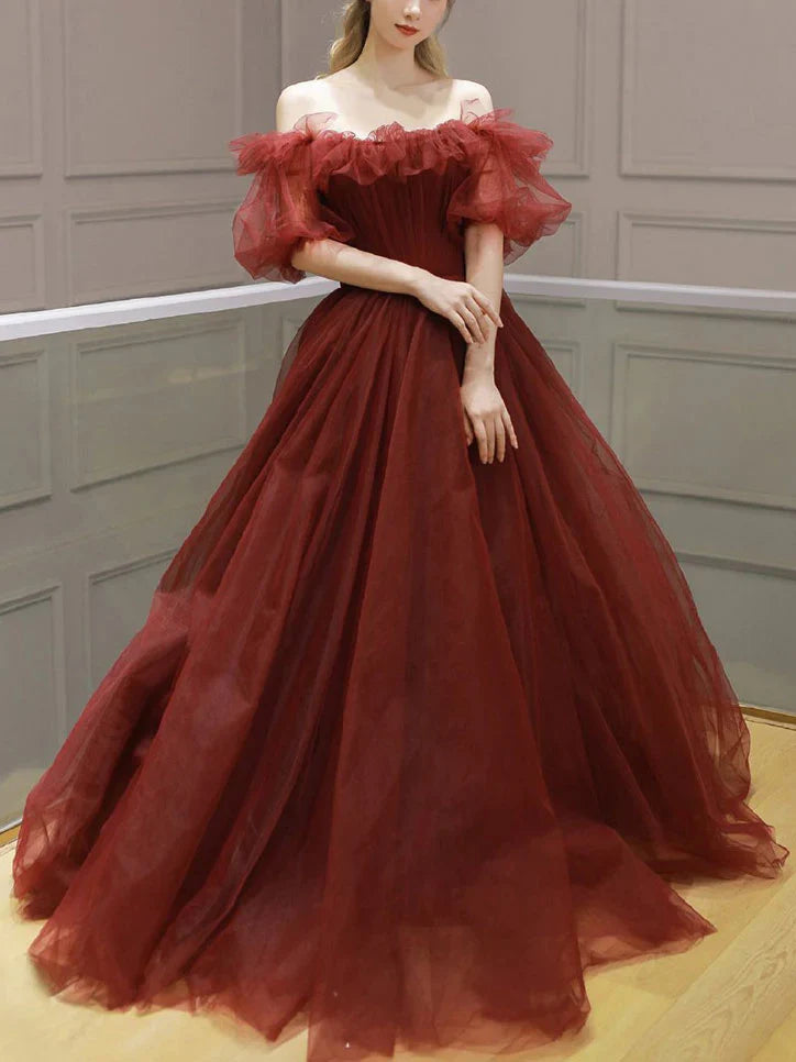 Burgundy Off Shoulder A Line Formal Evening Dress Tulle Long Prom Dress gh2516
