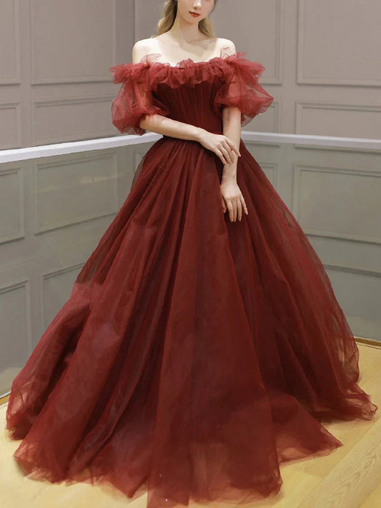 Burgundy Off Shoulder A Line Formal Evening Dress Tulle Long Prom Dress gh2516