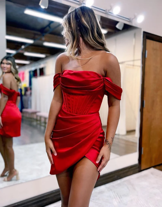 Red Satin Off The Shoulder Short Homecoming Dress gh2669