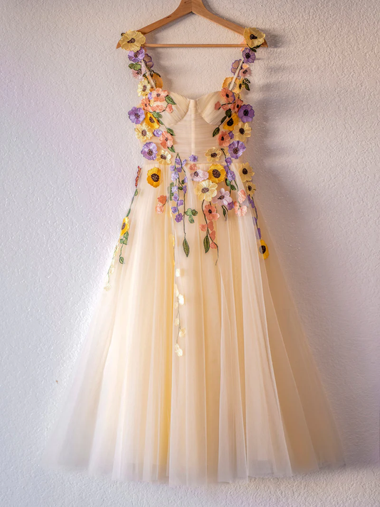 3D Flower Tulle Tea Length Prom Dresses gh2667