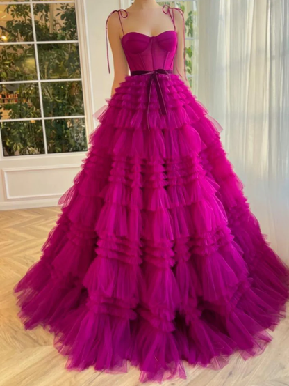 A Line Strapless Fuchsia Tiered Long Tulle Prom Dress gh2678