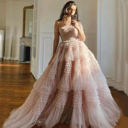 Princess A line Off Shoulder Ruffled Tulle Prom Dress gh2681