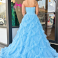 Light Blue Tulle Ruffled Net Streapless Long Prom Dress gh2775