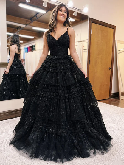 A-Line Deep V Neck Tiered Long Glitter Tulle Prom Dress gh2679