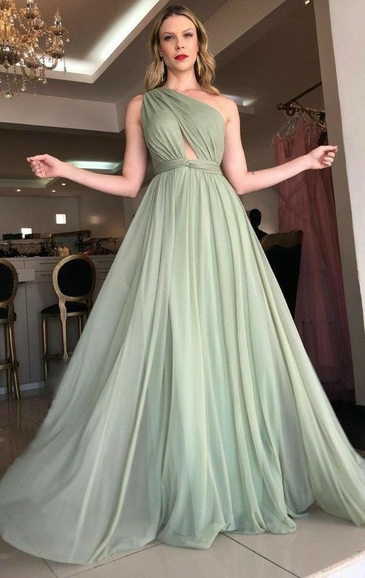 One Shoulder Tulle Bridesmaid Dress Green Formal Dress With Slit gh2754