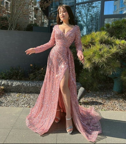 Long sleeved sequins a line prom dress shiny pink evening gown with slit gh2751