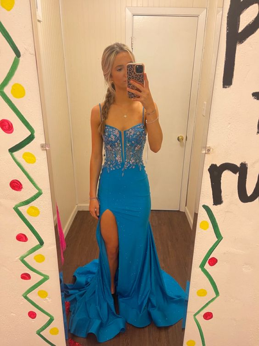 Spaghetti straps sheath prom dress blue beaded evening dress with high split gh2717