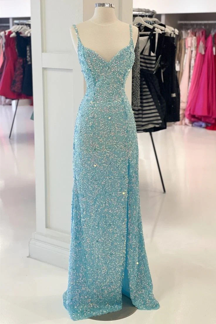 Robe de soirée longue en paillettes bleu Tiffany, élégante, sirène, brillante, gh2721