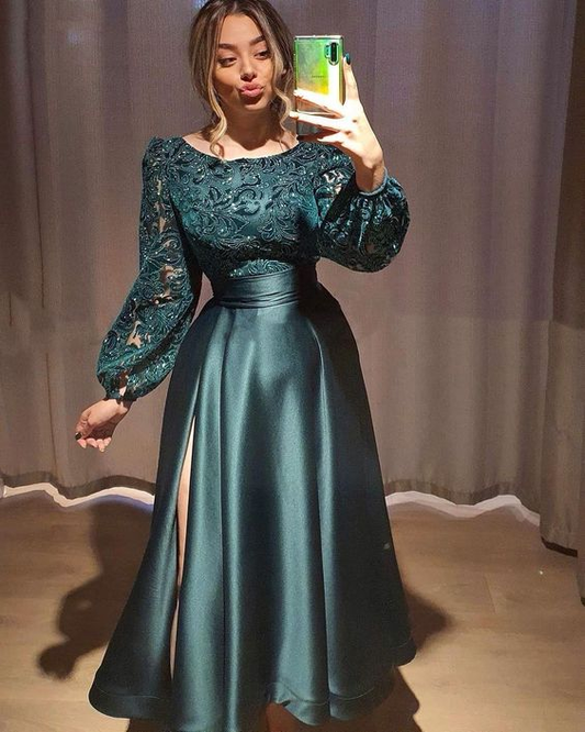 Robe de soirée en satin vert à manches longues et en dentelle gh2756