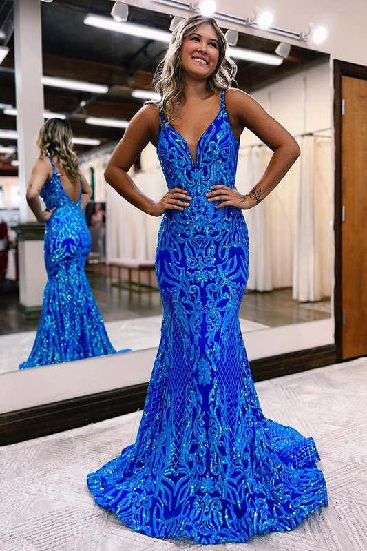 Navy blue sparkling prom dress v neck sheath evening gown gh2720