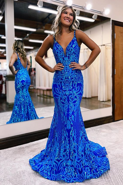 Blue shiny V neck bodycon long elegant sequin ball gown evening dress gh2720