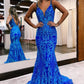 Blue shiny V neck bodycon long elegant sequin ball gown evening dress gh2720