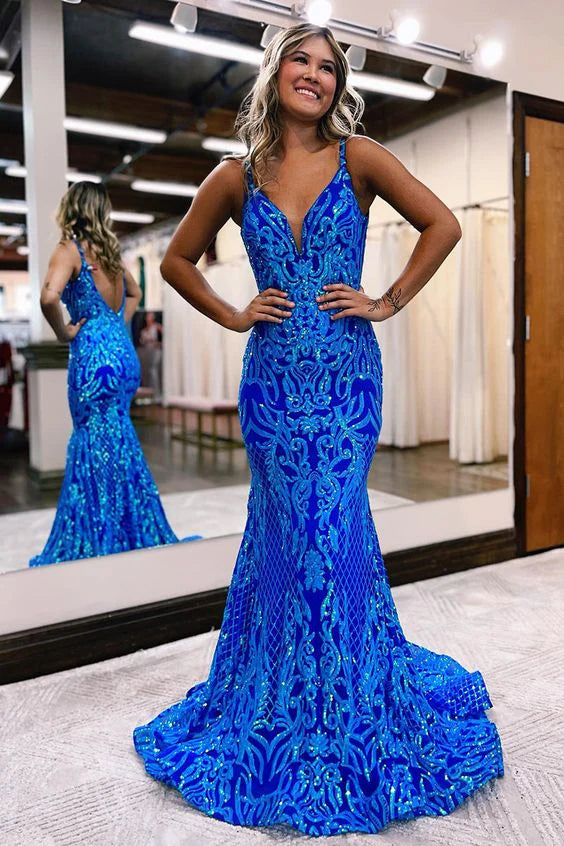 Blue shiny V neck bodycon long elegant sequin ball gown evening dress gh2720