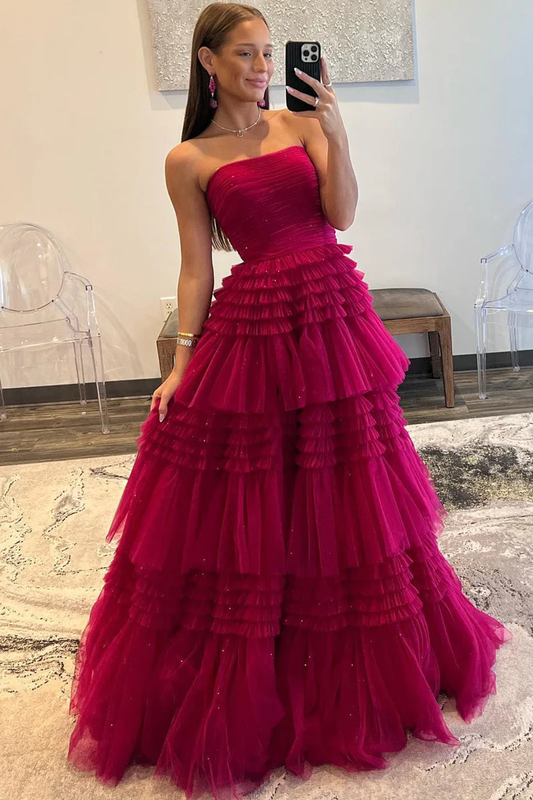 A-Line Strapless Tulle Long Prom Dress with Tiered Ruffles gh2676