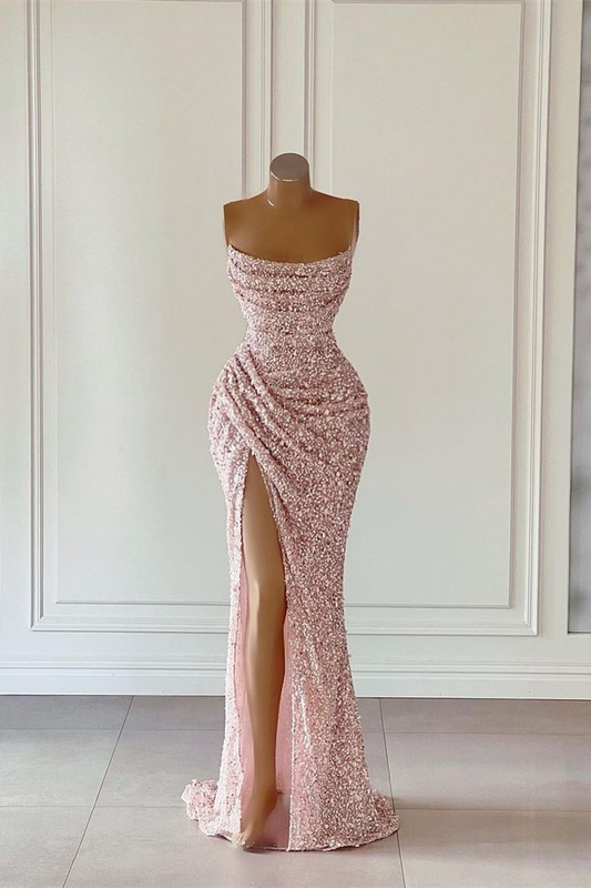 Gorgeous Pink Sequined Sleeveless Prom Dress With Slit gh2723