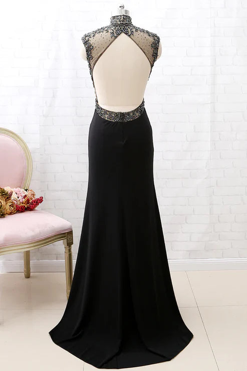 Black Beaded Turtleneck Formal Tulle Mermaid Evening Gown Prom dresses Party Dress with Slits gh4897