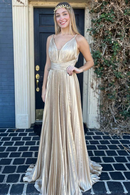 Plunging V-Neck Pleated Long Prom Dress gh2988