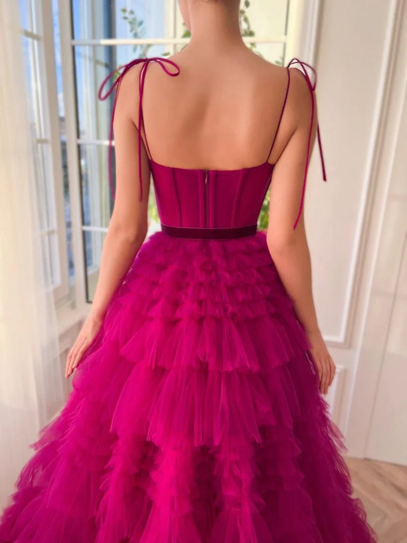 A Line Strapless Fuchsia Tiered Long Tulle Prom Dress gh2678