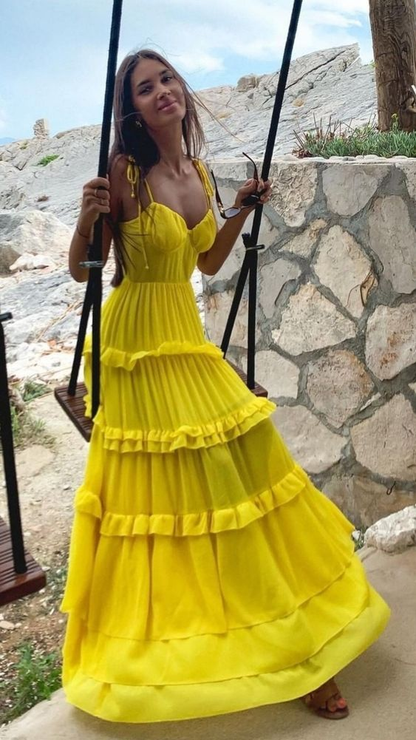 Yellow fashion elegant simple spaghetti strap long chiffon tiered ball gown evening dress party dress gh2788