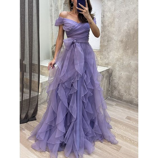 A  Line Purple Prom Dress Layered Evening Gown gh2783
