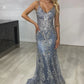 Blue gorgeous shiny spaghetti strap bodycon long tulle ball gown mermaid evening dress gh2718