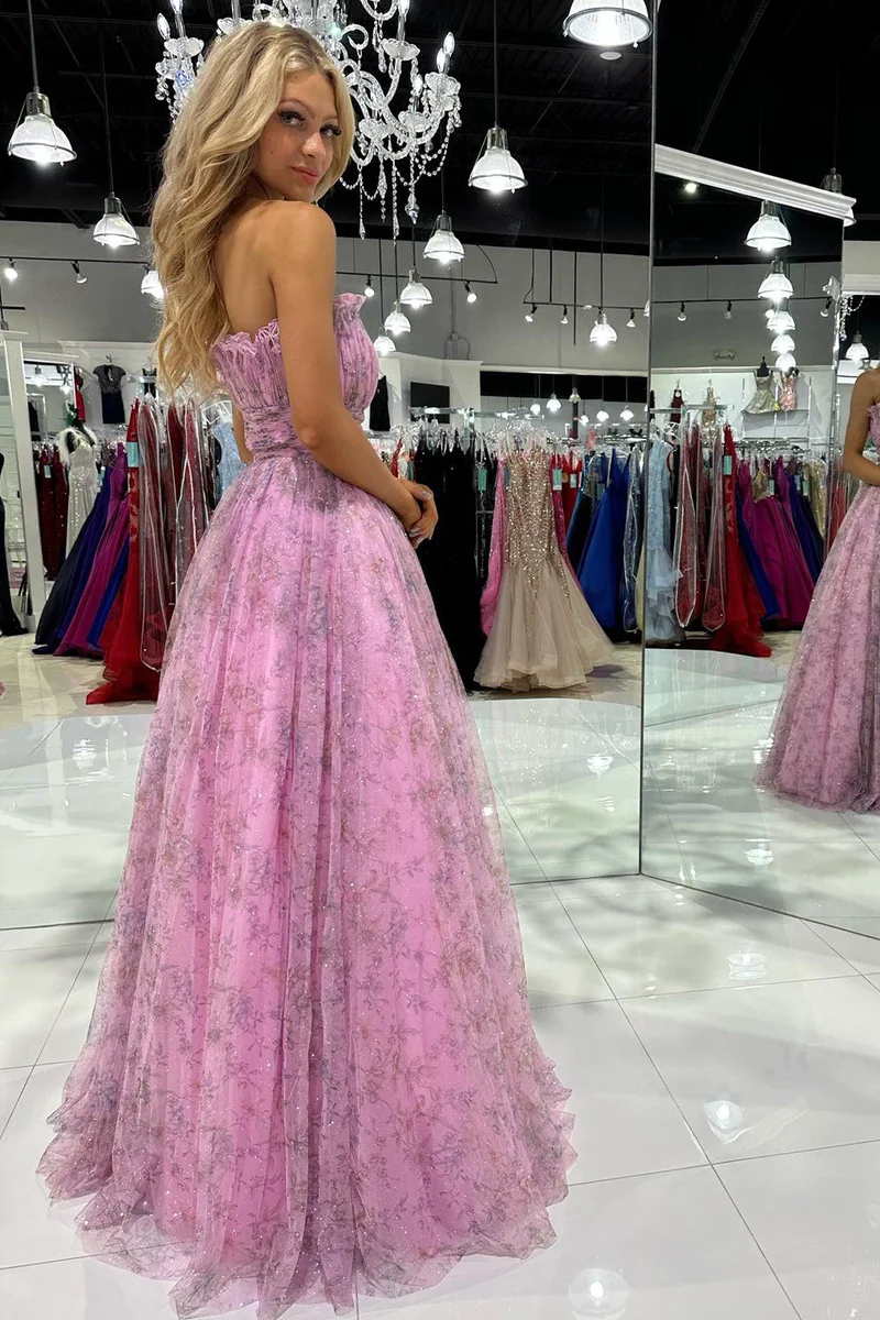 A line Strapless Printed Glitter Tulle Prom Dress gh2705