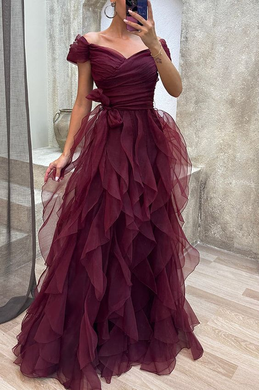 Robe longue de soirée en tulle bordeaux à épaules dénudées et volants étagés gh2784